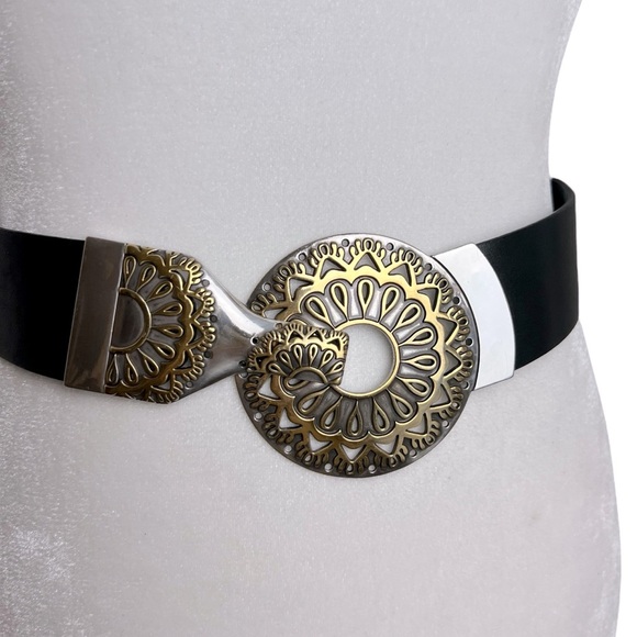 Chicos Celestial Medallion Tonatiuh Gold Silver Large Buckle Leather Boho Belt